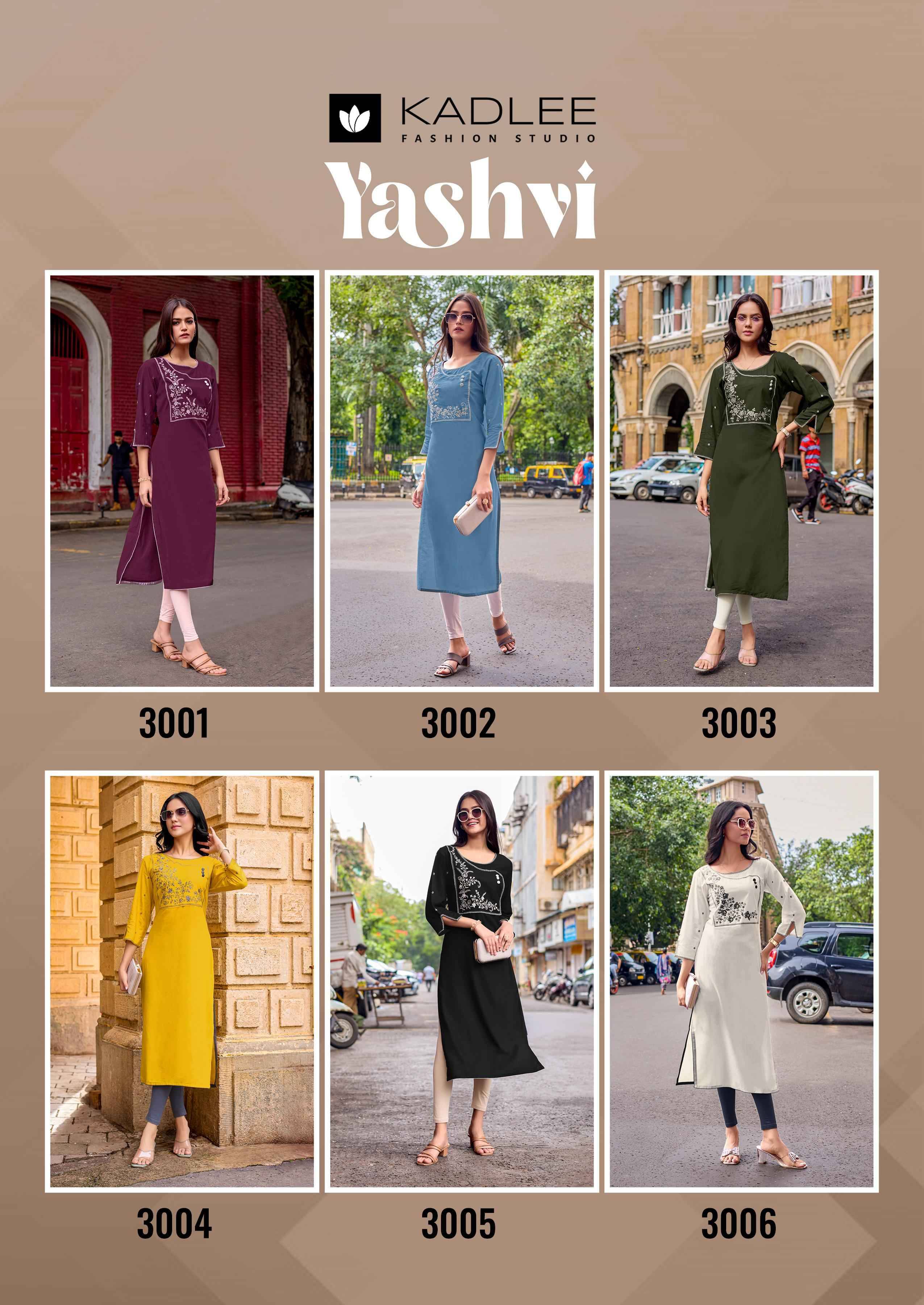 Yashvi By KADLEE 3001 to 3006 Series Designer Casuals Wear Collection Rayon Kurtis With Tread & Hand work At Wholesale Price